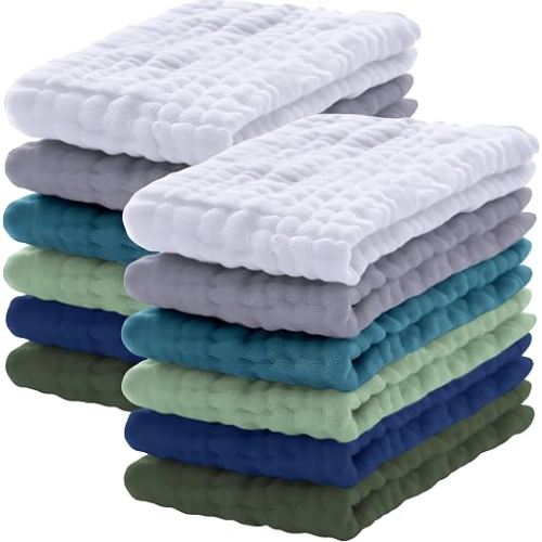 Lovely Care 12 Pack Muslin Burp Cloths 100% Cotton Muslin Cloths Large 20''x10'' Extra Soft and Absorbent Baby Burping Cloth - Slate, Navy & Grey