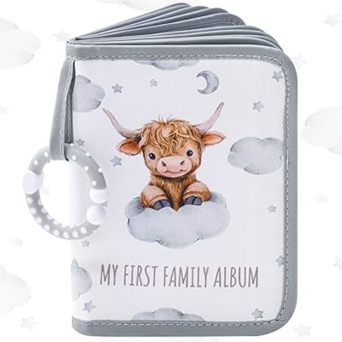 Motiskyy My First Photo Album for Baby Soft Toddlers Family Photo Book with Safe Mirror Holds 17 4 x 6 Photos Family Album Picture Book Gift for Newborn Toddler Kids Baby Shower (Highland Cow)