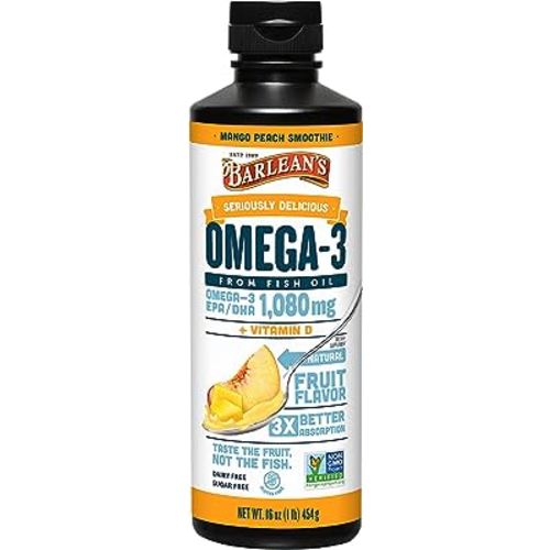 Barlean's Mango Peach Omega 3 Fish Oil Liquid Supplement with Vitamin D, 1080mg EPA & DHA Fatty Acid, Smoothie Flavored & Burpless for Brain, Joint, & Heart Health, 16 oz