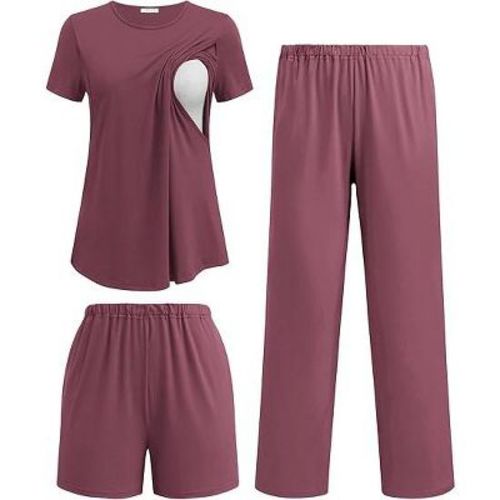 Ekouaer 3 Piece Maternity Pajamas Set Postpartum Nursing Short Sleeve Breastfeeding Sleepwear Pregnancy Shorts & Pants Pjs Burgundy M