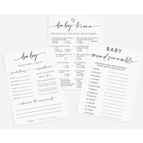 All Ewired Up 150 Piece Minimalist Baby Shower Games for 50 Guests, Trivia, Predictions & Advice, Word Scramble, Thick Card Stock