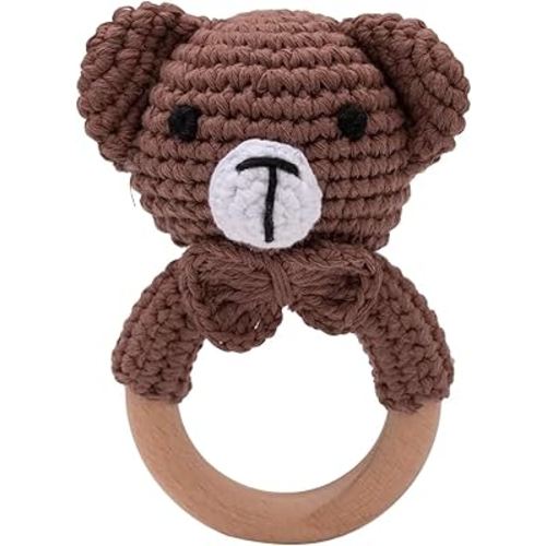 Handcrafted Animal Rattle – Soft Crocheted Toys with Wooden Teether, BPA-Free Animal Rattles in Cotton & Safe Natural Materials (Bear)