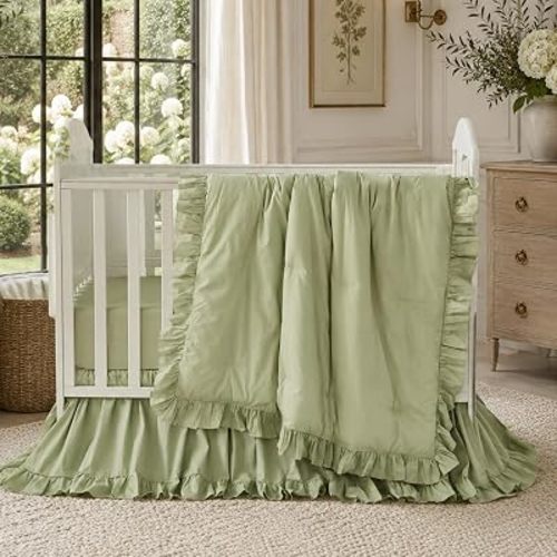 Brandream Farmhouse Crib Bedding Sets for Girls and Boys 100% Percale Cotton 3 Piece Nursery Set Light Green Ruffles Baby Quilt, Fitted Crib Sheet, Crib Skirt Included
