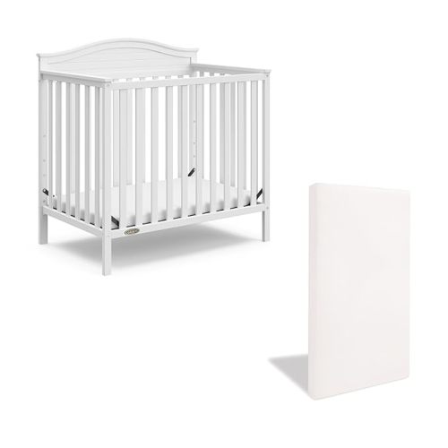 Graco Stella 4-in-1 Convertible Mini Crib with Bonus Mattress (White) – Includes Bonus 2.75 Inch Thick Mattress with Water-Resistant Cover, Converts to Twin Bed, Ideal Crib for Small Spaces