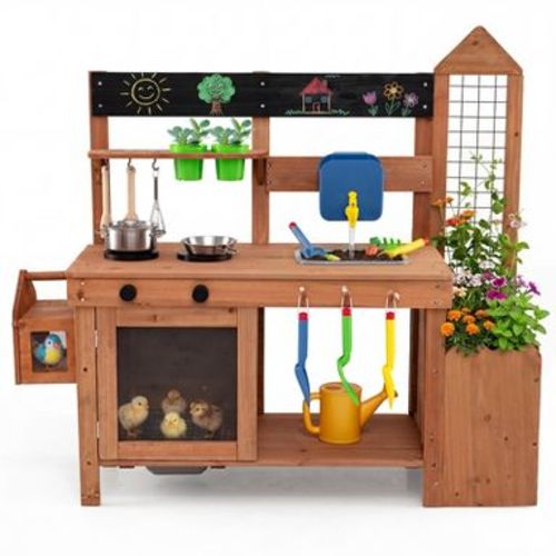 Costway Kids Mud Kitchen with Detachable Bird Cage, Planter, Trellis, 2 Sinks, Stoves