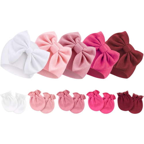 Dalrosia Newborn Baby Hats and Mittens Set Infant Bow Beanie Cap Toddler Gloves Newborn Hospital Hats for Baby Boy Girl 0-6 Months
