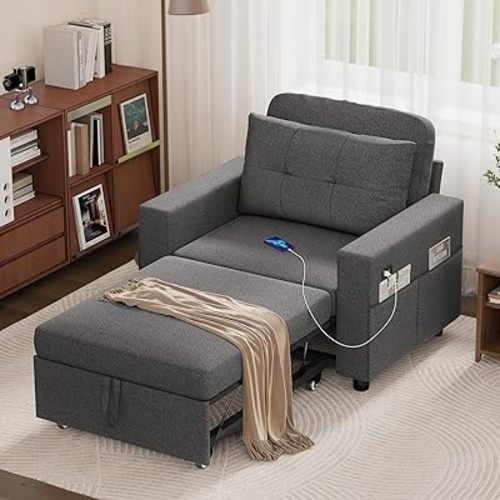 Single Sofa Bed, 34" Convertible Pull Out Sleeper Sofa Bed Couch with Storage Side Pockets, 6 Adjustable Backrest and USB for Living Room, Apartment, Grey
