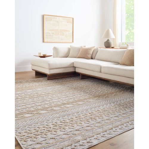 Origin 21 Scania Natural Tan 8 x 10 (ft) Loomed Polypropylene Tan Rectangular Indoor Ikat Mid-Century Modern Machine Washable Pet Friendly Area rug