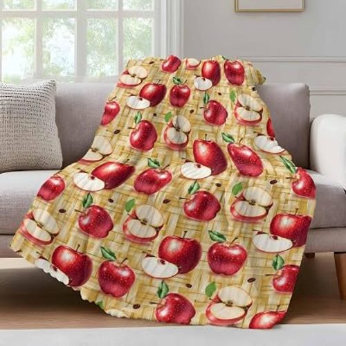 Red Apples Fleece Throw Blanket for Couch Fruit Whole Sliced on Natural Woods Bed Throws Super Soft Warm Cozy Plush Blankets with Striped Design for Sofa Travel Camping 30x40 Inches