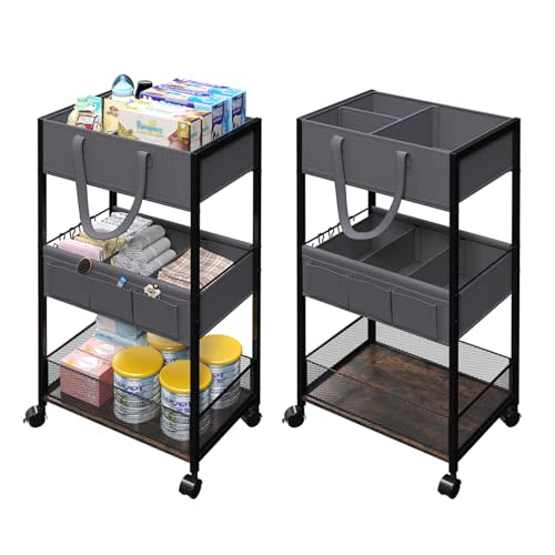 Diaper Caddy Organizer and Storage, 3-Tier Baby Storage Organizers with 2+2 Dividers, Large Capacity Diaper Rolling Cart for Nursery, Diaper Caddy Cart for Crib, Bedroom, Bathroom