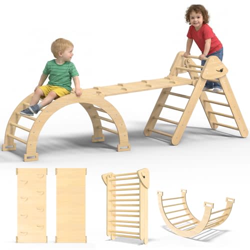 Large Pikler Triangle Set, 7-in-1 Toddler Climbing Toys Indoor, Wooden Montessori Climbing Set with Arch Ramp Ladder, Foldable Baby Jungle Gym Playground (Wood)