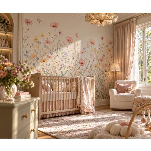 Floral Wallpaper Mural — Custom Wildflower Botanical Wall Decor, Living Room Bedroom Accent Wall Design
