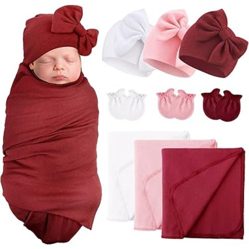 Newborn Receiving Blanket with Bow Hat Mittens Set Nursery Swaddle Wrap Toddler Swaddles for Newborn Baby Boy Girl