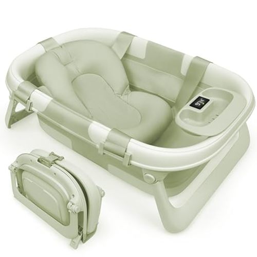 Jool Baby Fold ‘n Store Baby Bathtub – 3 Stage Collapsible Bather for Easy Storage, Portable for Travel – Built-in Thermometer (Sage)