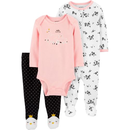 3-Piece Swan Bodysuit & Footed Pant Set - White/Pink/Black - NB
