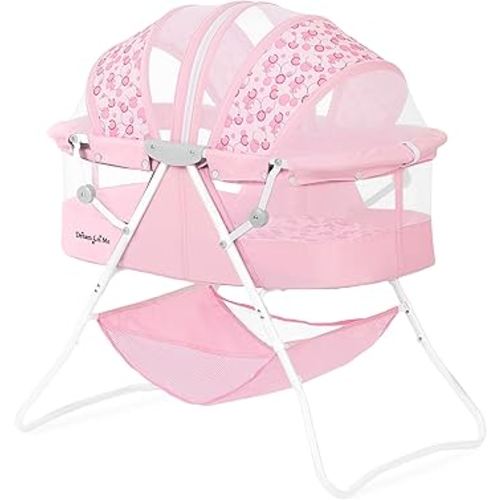 Dream On Me Karley Bassinet in Pink, Lightweight Portable Baby Bassinet, Quick Fold and Easy to Carry, Adjustable Double Canopy, Indoor and Outdoor Bassinet with Large Storage Basket.