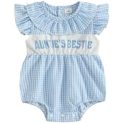 Aunties Bestie - Mameluco de una sola pieza con volantes a cuadros para bebé niña con letras bordadas y letras
