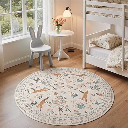 BESBLEE 5FT Round Rug, Animal Print Machine Washable Floral Low Pile Non-Shedding Pet Friendly Circle Rug Non Slip for Playroom Living Bedroom Entryway Dining Room, Beige