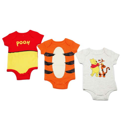 Disney Clothes Baby Boys 3-Pack Bodysuits – Winnie the Pooh Newborn Outfit Set (Red/Orange/Tan) – 0/3M