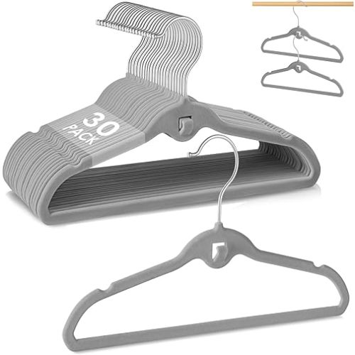Baby Velvet Hangers 30 Pack, 11 Inches Gray Kids Clothes Hanger for Closet, Non Slip Toddler Infant Hangers for Nursery, Thin Space Saving Stackable Children Felt Hanger with 360° Swivel Hooks