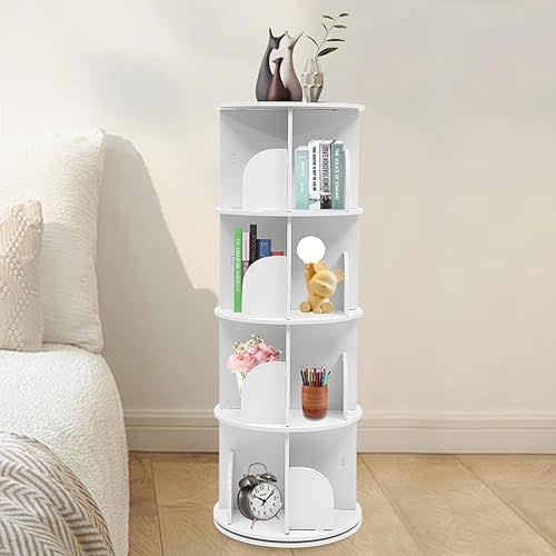 4 Tier Rotating Bookshelf Tower, Spinning Bookshelf for Small Space,360° Display Revolving Bookcase Stackable Round Bookshelf Organizer(White, 4-Tier)