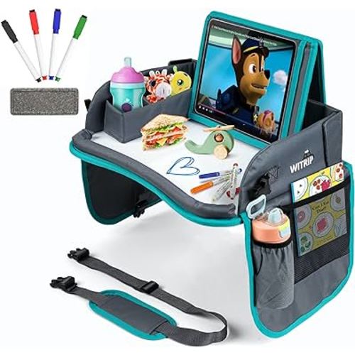 Kids Travel Tray with Dry Erase Board, Car Seat Tray for Food & Play Activity, Carseat Table Trays for Toddler, Kid Activity Desk for Air Travel, No-Drop Tablet Holder & Borders (Grey with Blue Frame)