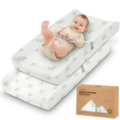 2-Pack Organic Changing Pad Covers for Girl, Boy, 100% Cotton (Elly) | 34x18, Soft Diaper Changing Table Pad Cover, Contour Baby Changing Pad Sheets, Gender Neutral Liners, Nursery Dresser, Fitted