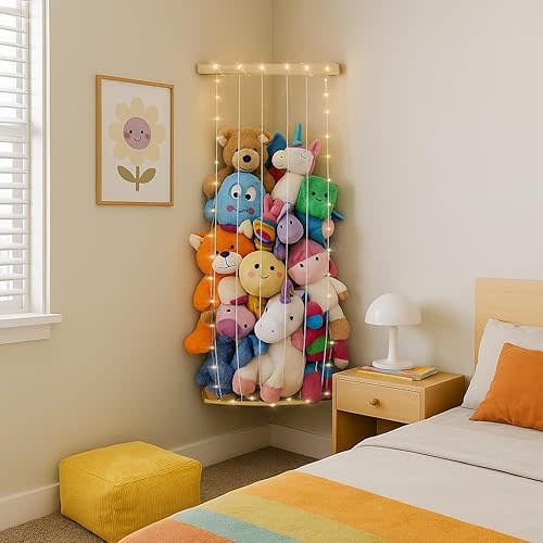 PUTSKA Corner Stuffed Animal Storage Organizer - Stuffed Animal Holder, Stuffy Storage, Space-Saving Plushies and Toy Corner Organizer for Kids Room - Plain