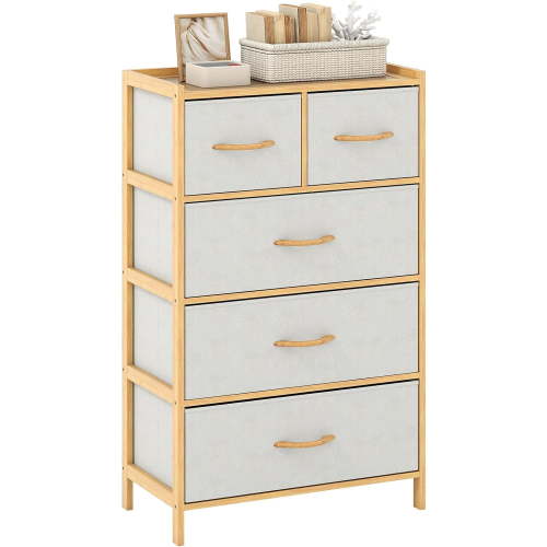 Favory Dresser,Bamboo Storage Tower with 5 Foldable Fabric Drawers & Top Shelf, Modern Chest of Drawers, Tall Vertical Organizer Unit for Closet, Living Room, Natural,12"D x 23"W x 37"H (5 Drawers)