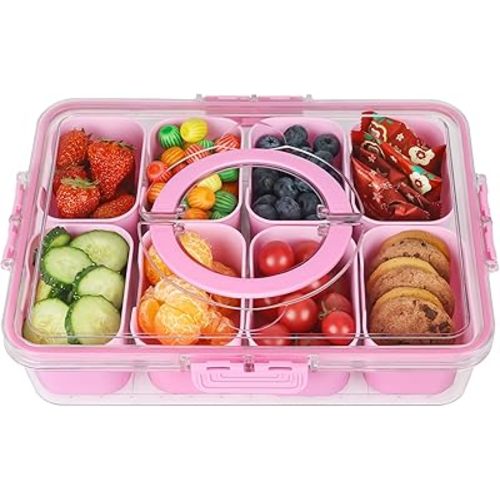 shopwithgreen Divided Serving Tray with Lid and Handle, Portable Snackle Box Charcuterie Container for Party, Veggies, Fruits, Nuts, Candy, Food Tray Platter Snack Box for Entertaining, Picnic, Pink