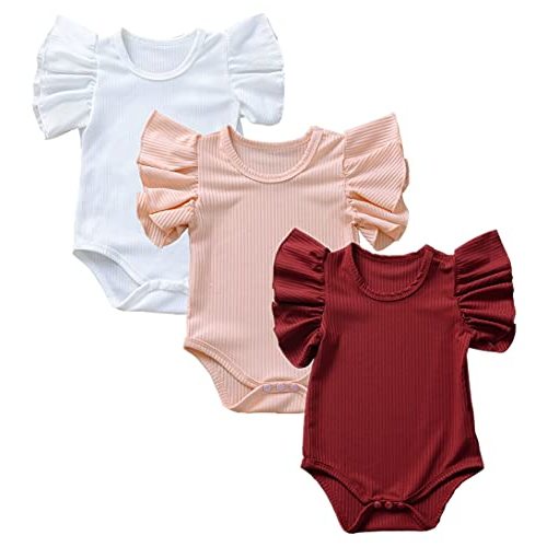 Baby Girls' Short-Sleeve Bodysuit Funny Ruffles Flower Jumpsuit Outfit for Infant Toddlers 3-Pack