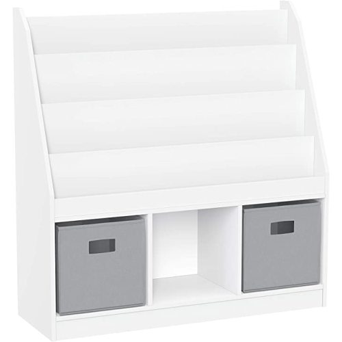 RiverRidge Kids Bookrack with Three Cubbies and 2 Gray Bins