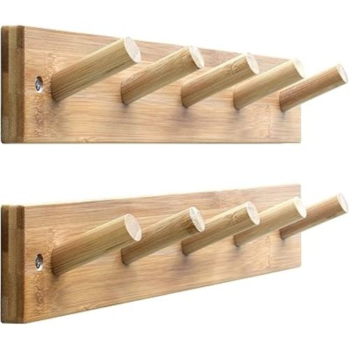 SKOLOO Wooden Wall Mounted Coat Rack,16'' Hole to Hole, 5 Pegs Bamboo Wall Hook for Hanging Clothes Robes Towels Hats,Natural Gold