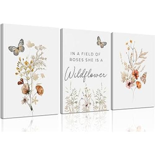 3 Pcs Watercolor Flowers Canvas Wall Art In A Field Of Roses She Is A Wildflower Painting Picture Wall Decor Boho Butterfly Wildflowers Poster Print Artwork for Nursery living room Home Decoration