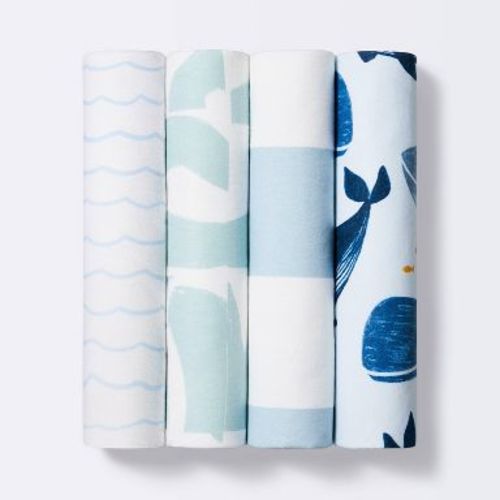 Flannel Baby Blanket Whales - White/Blue - 4pk - Cloud Island™: Cotton, 30"x30", Nature Theme, Animal Pattern