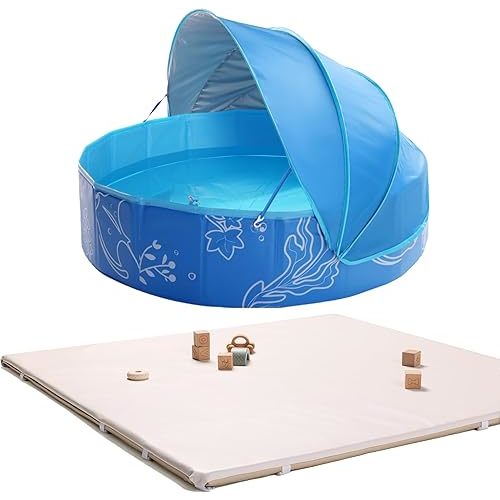 47in Foldable Kiddie Pool with Canopy & Soft Waterproof Baby Play Floor Mat for 50 * 50 Playpen