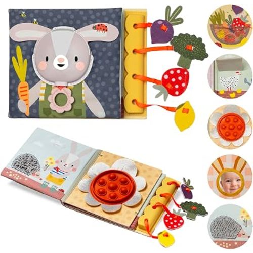 Taf Toys Sensory Busy Book for Babies 6-12 Months, Montessori Busy Book Toddlers 1-3, Interactive Sensory Activity Book with Pop-It, Baby-Safe Mirror - Promotes Fine Motor Skills & Sensory Curiosity.