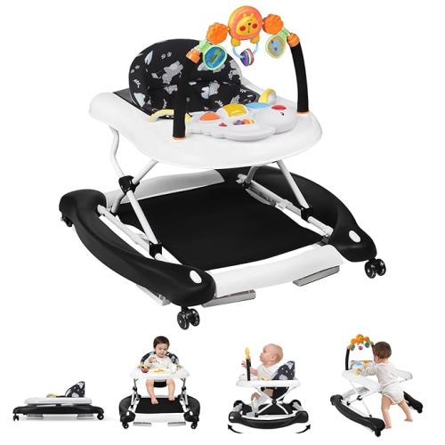 Baby Walker, 5 in 1 Baby Walkers for Boys Girls 6-12 Months, Foldable Walkers for Babies with Bouncer & Feeding Tray, Music, Adjustable Heights, Activity Walker for Infant