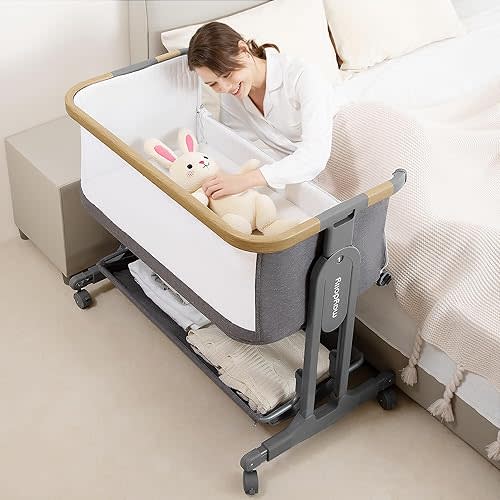 Maydolly Baby Bassinet Bedside Crib, 3-in-1 Baby Bassinet Bedside Bed with Mattress and Soft, Breathable Sheet, 7-Height Adjustable, Sturdy Stable and Reliable Crib for Nursery