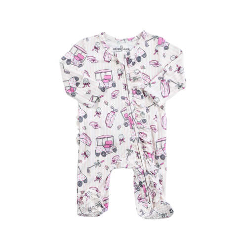 Ruffle Zipper Footie in Caddie Crew Pink | Caden Lane