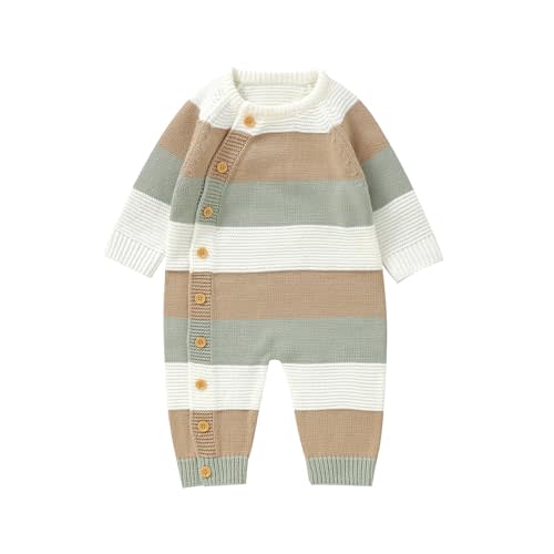 Newborn Girl Boy Striped Sweater Romper Fall Long Sleeve Full Length Playsuit Winter Warm Button Up Knitted Jumpsuit