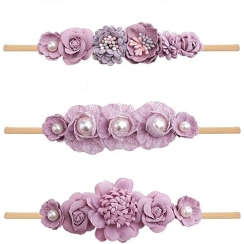 Baby Girl Nylon Headbands Flower Hair Bows Accessories-Elastic Hair Band Crown Handmade FLoral Wraps Birthday Gifts for Girls Newborn Infant Toddler 3Pcs