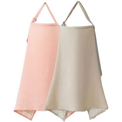 Nursing Cover, Muslin Nursing Cover up for Breastfeeding, Soft & Breathable 100% Cotton with Adjustable Neck Strap, Multi-Use Nursing Apron & Baby Essentials, 2 Pack (Pink and Wheat Color)