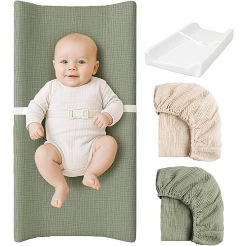 Konssy Muslin Changing Pad with Waterproof Lining Foam, Includes 2 Pack Soft & Cotton Cover, Baby Diaper Changing Pad for Dresser or Table, 32x16 inches (Fog Green,Cream)