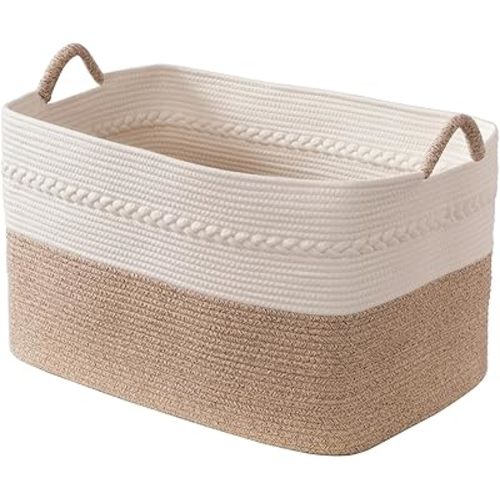 Extra large laundry basket woven from natural cotton rope with handles storage blankets for living rome big decorative quilted baskets for clothes toys pillows hamper 24"x16"x14" white/brown