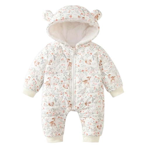 XDZJLR Baby Boy Outfits Girls Bodysuit Hooded Romper Cute Cartoon Print Thickened Warm Infant Toddler Snowsuit White 9-12 Months