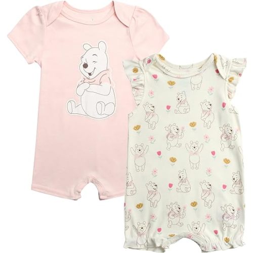 Disney Baby Girls Romper - 2 Pack Ruffled Short Sleeve Baby Jumpsuit Romper - Cozy Baby Clothes for Girls (Newborn/Infant)