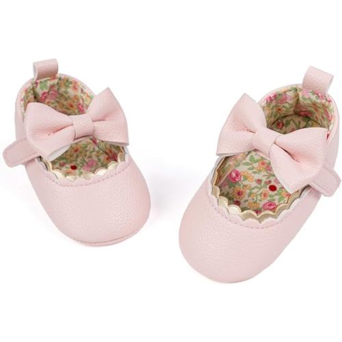 Meckior Newborn Baby Girls Dress Shoes Infant Bowknot Soft Sole Mary Jane Moccasins Baptism Christening Crib Shoes Wedding Princess Flats