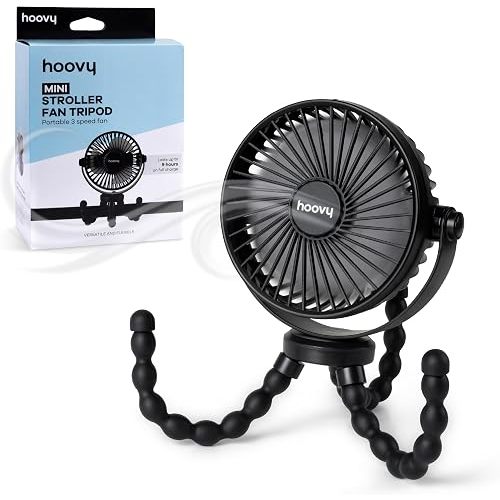 Hoovy Stroller Fan with Flexible Tripod Legs – Portable Rechargeable Baby Fan, 360° Rotating Clip-On Fan for Stroller, Car Seat & Crib, 3-Speed Adjustable Cooling – Black