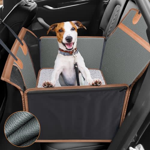 MIXJOY Hard Bottom Dog Car Seat for Medium Dogs, PU Leather Large & Small Dog Car Seat Cover for Back Seat, Dog Travel Car Bed with Washable Removable Cover, Half Seat Dog Hammock with Baby Car Seat